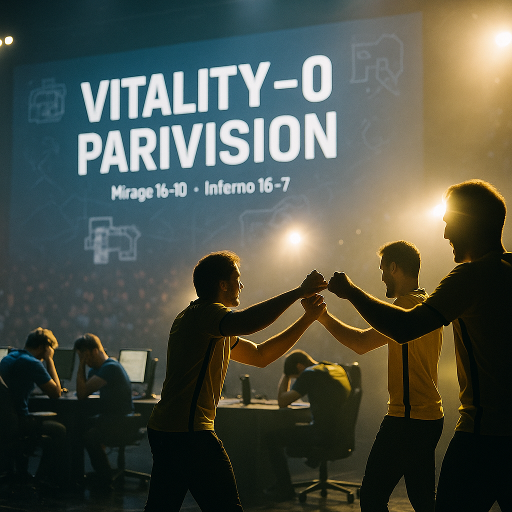 A realistic esports arena photo with a yellow-accented team celebrating a 2–0 win over